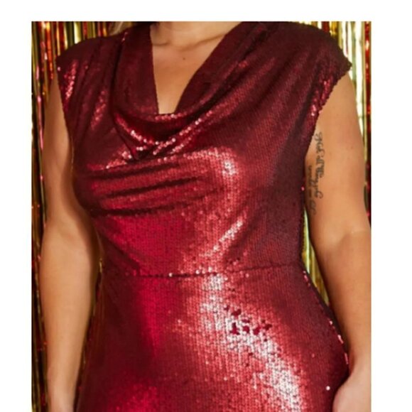 WOMEN’S Plus Size Cherry Red Sequin Cowl Short Sleeve Mini Dress - Picture 4 of 11